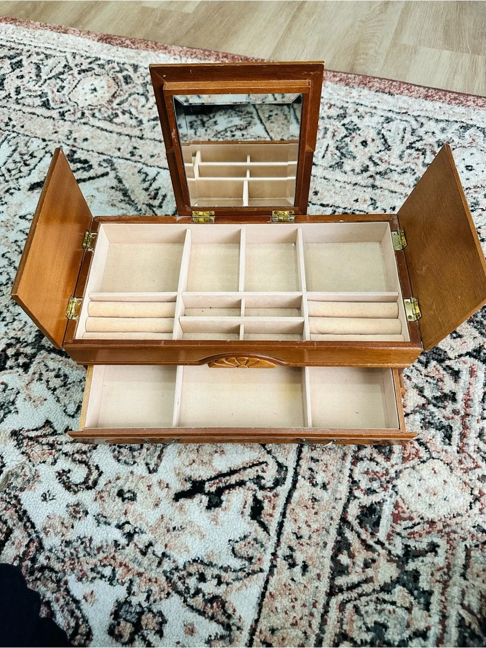 Wooden Jewelry Box with Carved Accents - Honey Brown